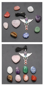 Detail-Set mit 7 Chakra-Heilsteinen und einem silbernen Flügel-Herz-Edelsteinanhänger