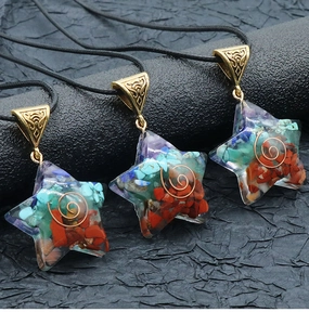 Macro detail of pentagram crystal resin pendant with copper spiral and retro buckle