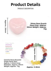 Detail view of pink quartz heart stone and colorful natural chip stone bracelet set