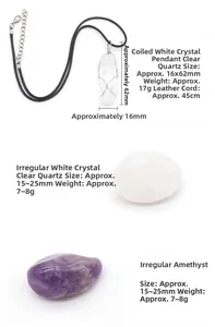 Detail showing white crystal wire-wrapped pendant and amethyst tumbled stones with dimensions