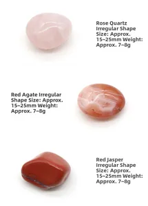 Detail view of pink quartz, red agate, and jasper stones with weight and size specs
