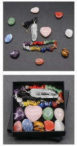 Detailed set featuring raw crystals, quartz heart, gravel bracelet and a hex prism pendant