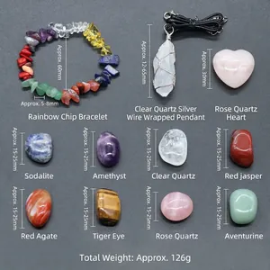 7 Chakra stone set including chip bracelet white crystal pendant and heart rose quartz
