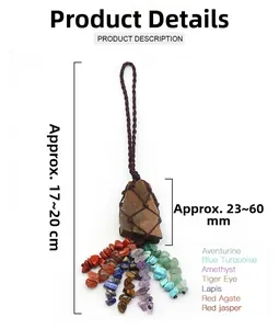 Detail of natural crystal hanging ornament with size measurements and mixed gemstones
