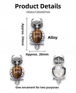 Vues détaillées de la broche hibou avec œil de tigre et gravures en alliage vintage