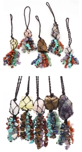 Detailed macro view of handmade woven natural crystal stones with braided rope nets