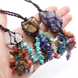 Handmade woven natural raw crystal stone pendants with multi-color tumbled stone tassels