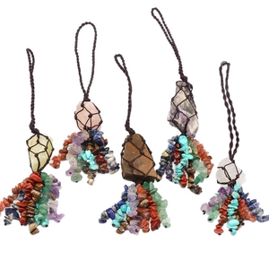 5-piece set of natural raw crystal healing stones in woven hanging mesh for car decor