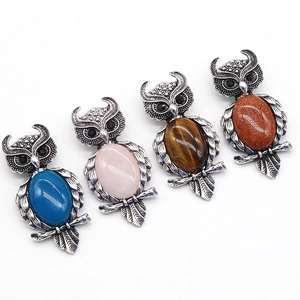 Broches pendentifs chouette en argent avec pierres de cristal naturel en quatre couleurs