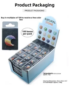 Detailed view of colorful natural crystal moon stones in PVC boxes and large display case