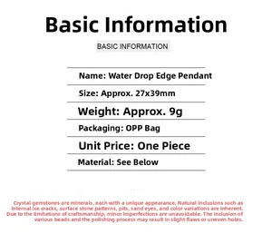 Detailed size specifications and weight chart for natural crystal teardrop pendant