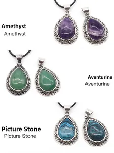 Detailed set of three teardrop pendants in amethyst, aventurine, and grey picture stone