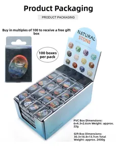 Macro detail of natural crystal worry stones in retail box with specifications