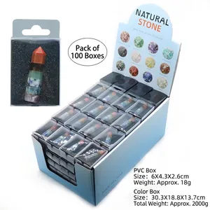 7 Chakra hexagonal natural crystal stone set in clear box with blue display stand