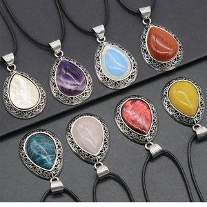 Waterdrop crystal pendant necklaces with retro silver filigree and black cord straps