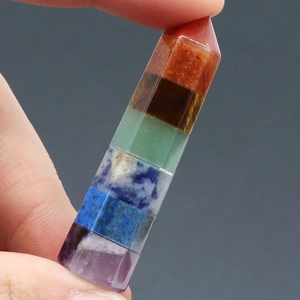 Polished hexagonal seven chakra crystal pillar made of natural multi-color agate stones