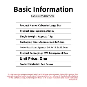 Detailed specifications chart for 20mm Merkaba crystal star with size and weight info