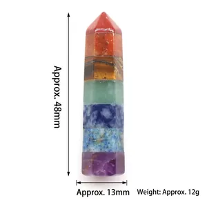 Polished seven chakra crystal hexagonal column made of multi-layered natural gemstones
