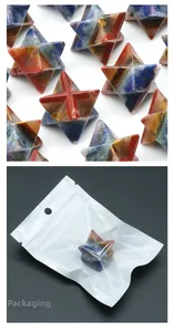 Macro detail of layered Merkaba crystal star with individual poly bag packaging