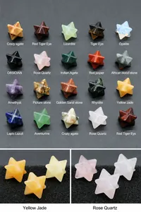 Detailed close-up of polished Merkaba star crystals in various natural stone textures