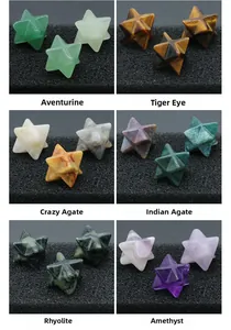 Detailed view of six natural Merkaba star stones including Amethyst and Tiger Eye