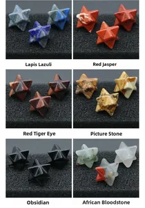 Macro view of six natural Merkaba stars including Lapis Lazuli and Obsidian stones