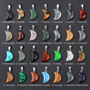 Variety of 28 mixed natural agate and crystal crescent moon pendants with silver clasps