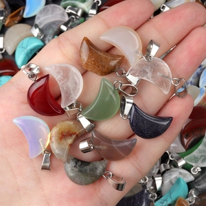 Mixed natural crystal agate moon pendants in various colors with silver metal clasps
