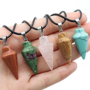 Natural crystal agate cone pendant necklaces with five stones and black cord for women