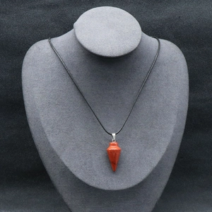Natural red jasper cone pendant necklace with silver metal clasp on black cord