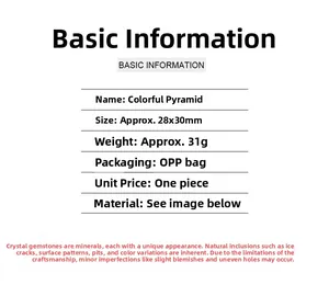 Specifications chart for 30mm colorful crystal pyramid showing size weight and material