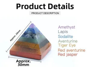 Detailed view of 30mm 7-layer chakra crystal pyramid with dimensions and material specs