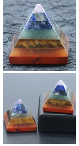 Macro detail of natural seven-layer chakra crystal pyramid with polished mineral textures