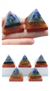 Detailed view of 7 chakra natural crystal pyramid showing layered stone textures