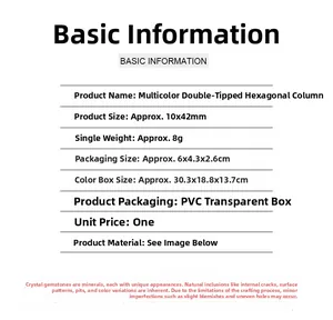 Detailed size chart for 10x42mm hexagonal crystal prism with PVC packaging info