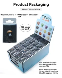 Detailed view of mini crystal mushroom stone dimensions in transparent PVC box packaging