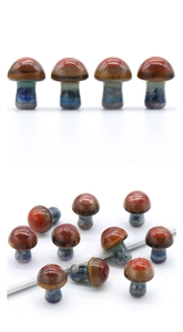 Close-up of small layered natural stone mushroom figurines for home landscape decor