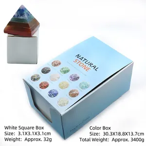 Chakra stone pyramid with layered natural crystals and its premium blue packaging box