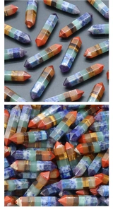 Macro detail of polished 7 chakra bonded stone hexagonal prism with dual points