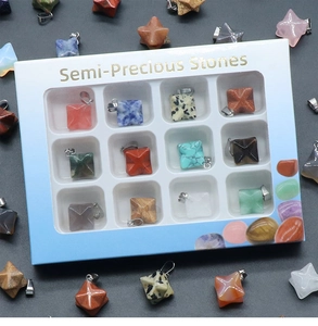 Detail view of 12 multi-colored Merkaba star crystal pendants in semi-precious stone set
