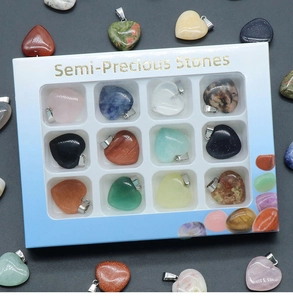 Set of 12 heart-shaped natural crystal pendants in various semi-precious stones