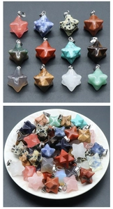 Detailed collection of colorful Merkaba star pendants with polished silver metal clasps