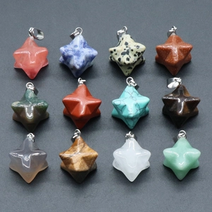 Set of 12 multi-color natural crystal Merkaba star pendants with silver metal clasps