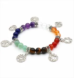 Detalle de la pulsera de cristales curativos 7 Chakras con amuletos geométricos de plata