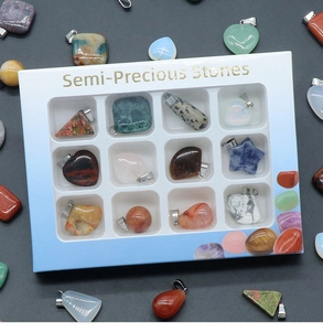 Detailed look at 12 semi-precious stone pendants in various shapes with a gift box