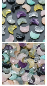 Macro detail of crescent moon shaped gemstones with geometric facets in various colors