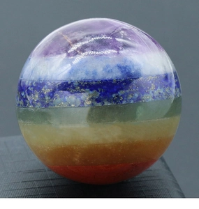 Close-up of a 7 chakra natural crystal sphere showing layered gemstones on a black base