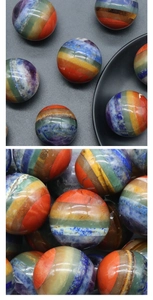 Macro detail of seven chakra natural crystal balls with polished colorful stone layers