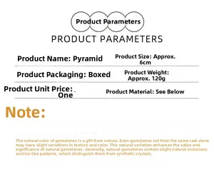 Detailed specification chart for 6cm natural crystal pyramid with dimensions and material info