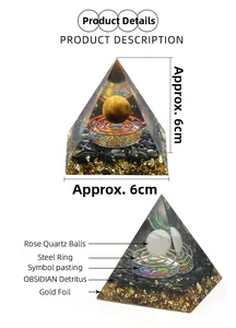 Detailed Orgone energy pyramid showing dimensions 6x6cm with Rose Quartz and Obsidian